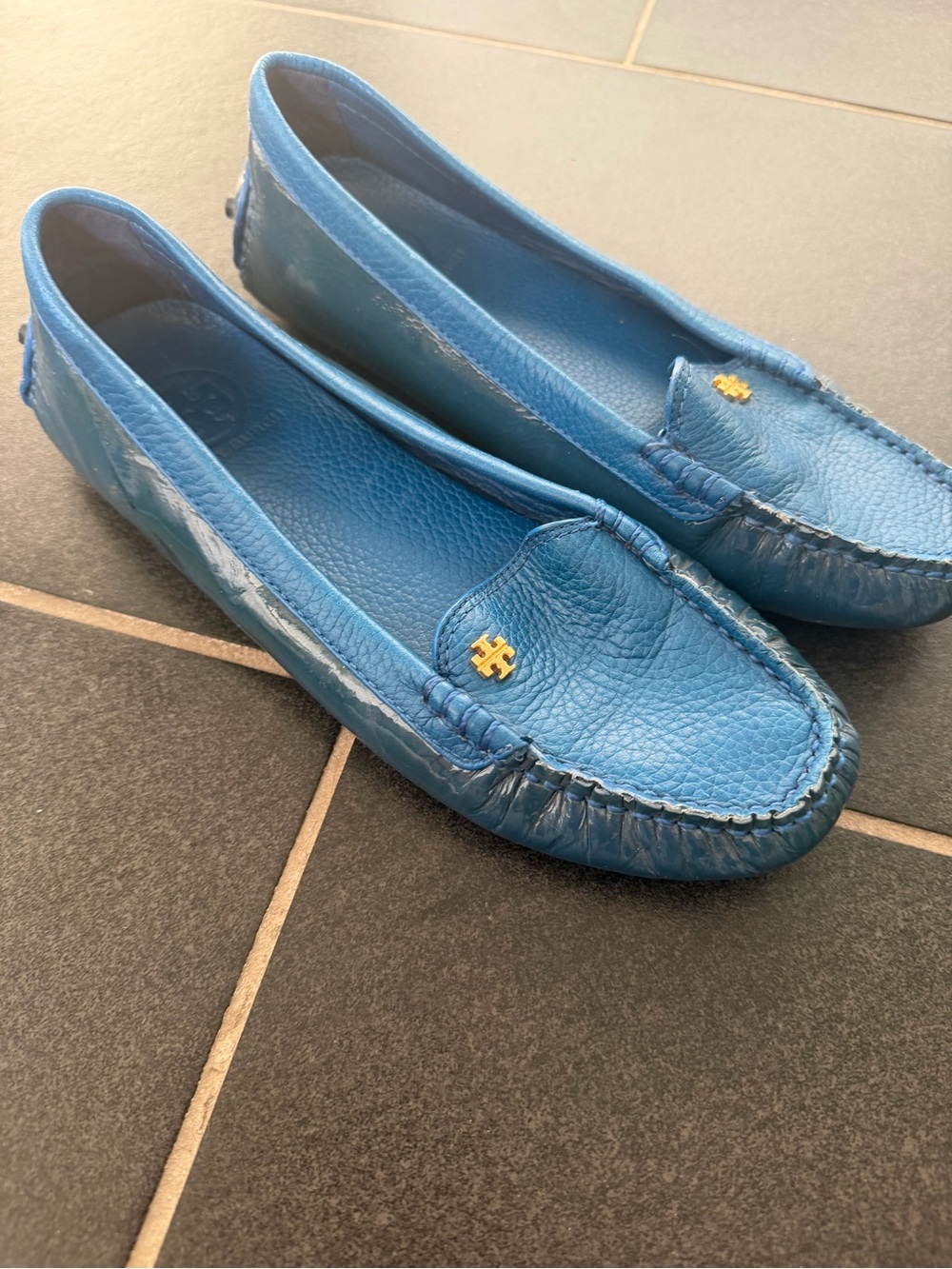Tory Burch Daria Driver Loafers Women’s 6.5 Blue Leather Gold Logo Moccasins